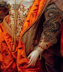1.Detalje fra ”the Rainbow Portrait”, c. 1600. Øjne og øre var ifølge den tidligmoderne ikonografi symboler for årvågenhed, spionage og efterretningsvirksomhed, mens de halvlukkede munde stod for hemmelighedsfuldhed. Slangen var eventuelt en henvisning til Sir Francis Walsingham og forestillingen om det perfekte efterretningsvæsen som et krybdyr. (Billede fra Wikimedia Commons.) 
